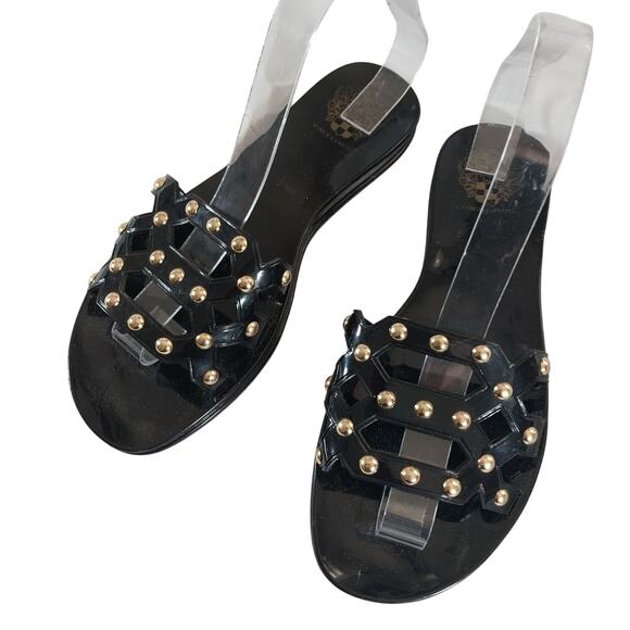 VINCE CAMUTO! BLACK SHINY RUBBER GOLD STUDDED SANDALS, FLATS W/TREAD! SZ 7M - Picture 1 of 8